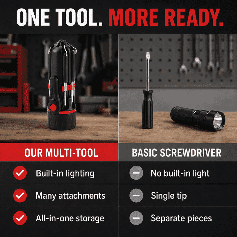 Black 8 in 1 Multifunctional Portable Screwdriver with LED Torch (3AAA Batterie Not Included)