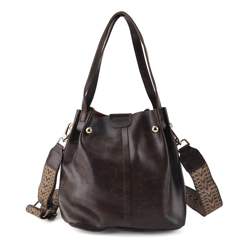 Coffee Genuine Leather Bag with Woven Shoulder Strap