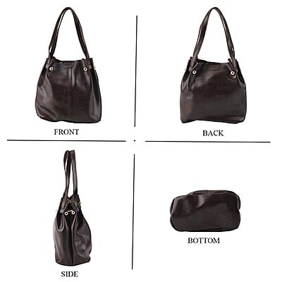 Coffee Genuine Leather Bag with Woven Shoulder Strap