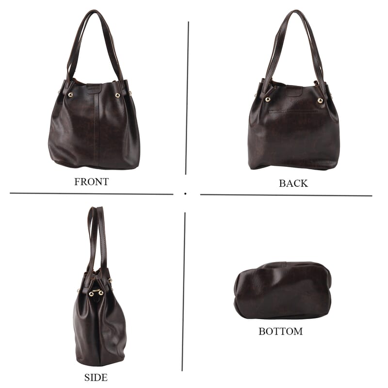 Coffee Genuine Leather Bag with Woven Shoulder Strap