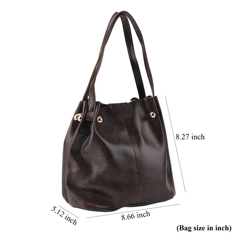 Coffee Genuine Leather Bag with Woven Shoulder Strap