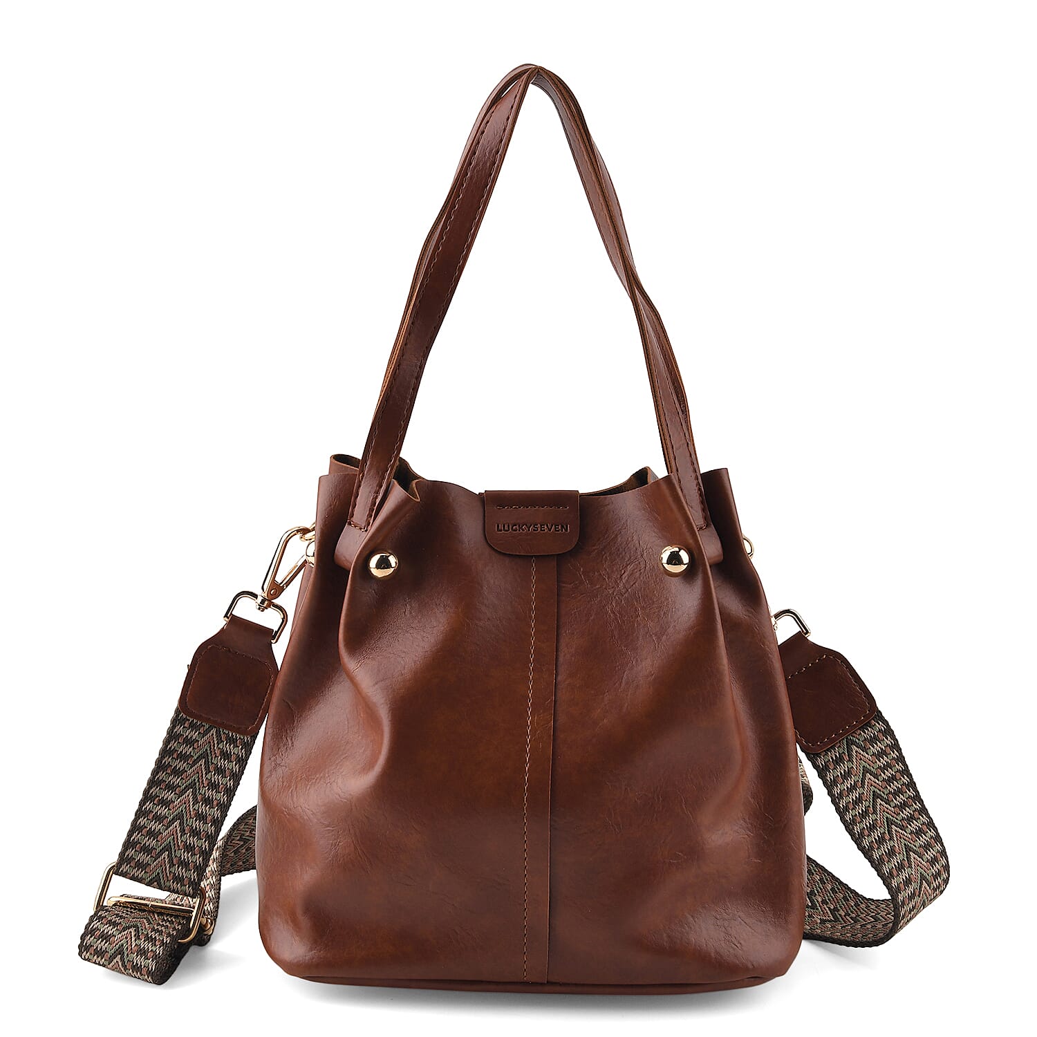 Dark Brown Faux Leather Bag with Woven Shoulder Strap