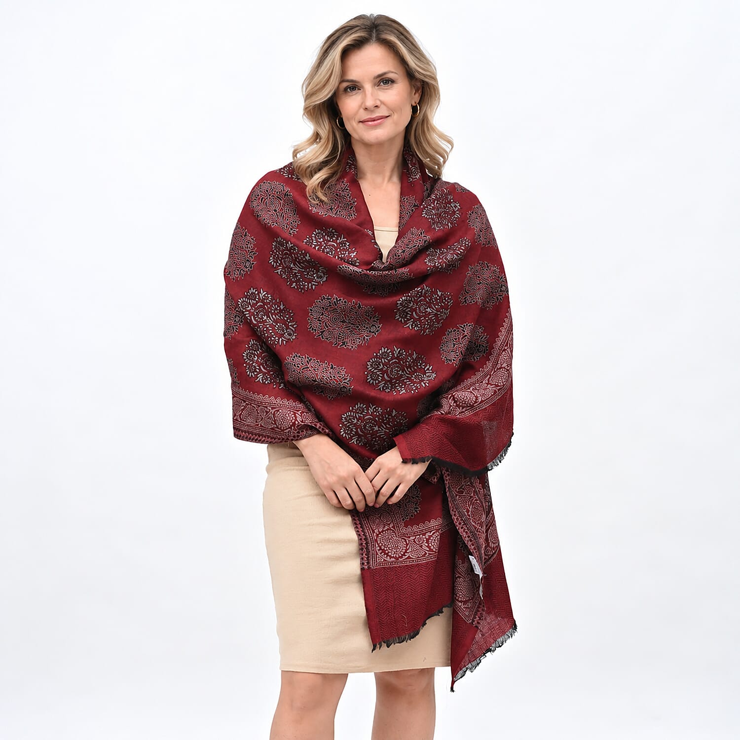 La Marey Signature Red Cashmere Woven Stole with Motifs