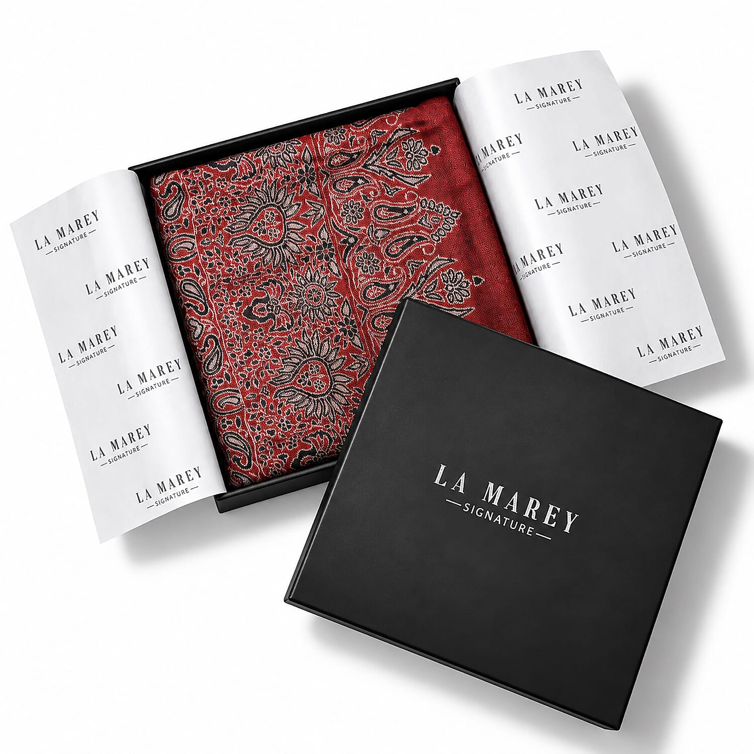 La Marey Red Paisley Pattern Signature 100% Cashmere Woven Stole