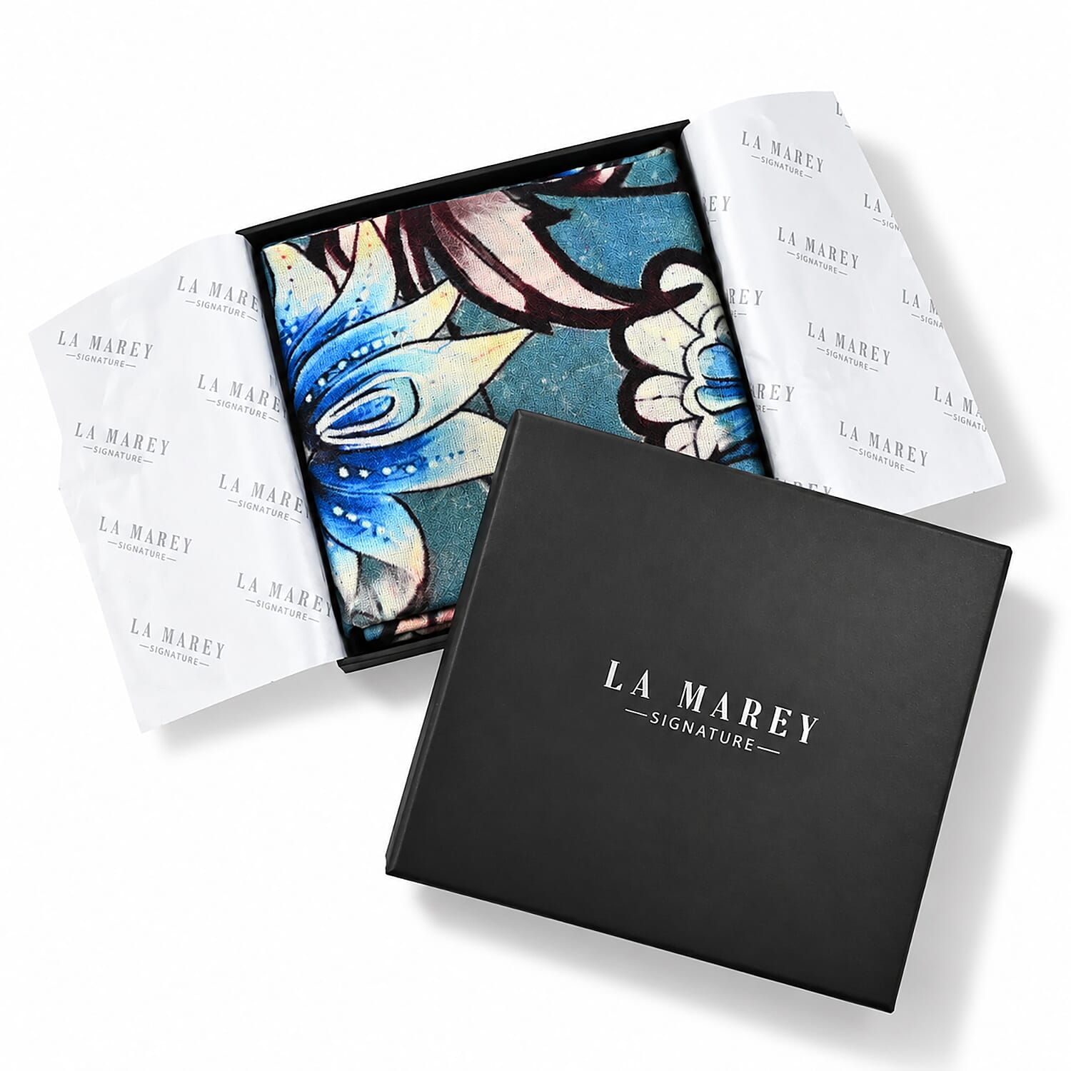 La Marey Denim Delight Signature 100% Cashmere Digital Printed Scarf