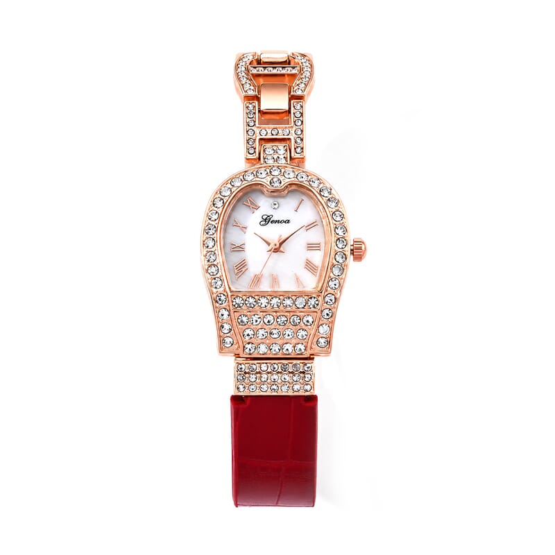 Genoa Austrian Crystal SL68 Quartz Movement Watch with Red Leather Strap