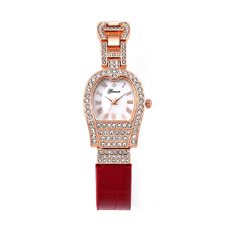 Genoa Austrian Crystal SL68 Quartz Movement Watch with Red Leather Strap
