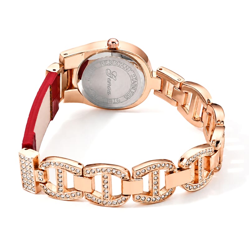 Genoa Austrian Crystal SL68 Quartz Movement Watch with Red Leather Strap