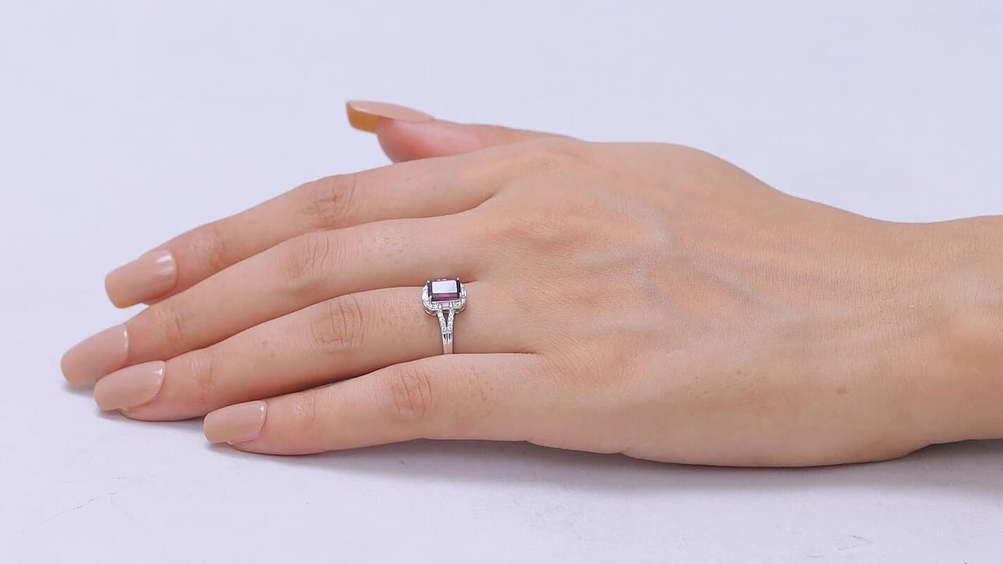 D'Joy Radiant Ember Garnet , Moissanite Main Stone With Side Stone Ring in Rhodium OverSterling Silver 1.22 ctw 8621554