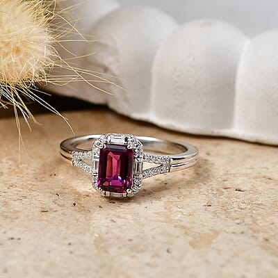 D'Joy AAA Radiant Ember Garnet and Moissanite 1.35 ctw Cathedral Frame Ring in Rhodium Over Sterling Silver (Size 6.0)