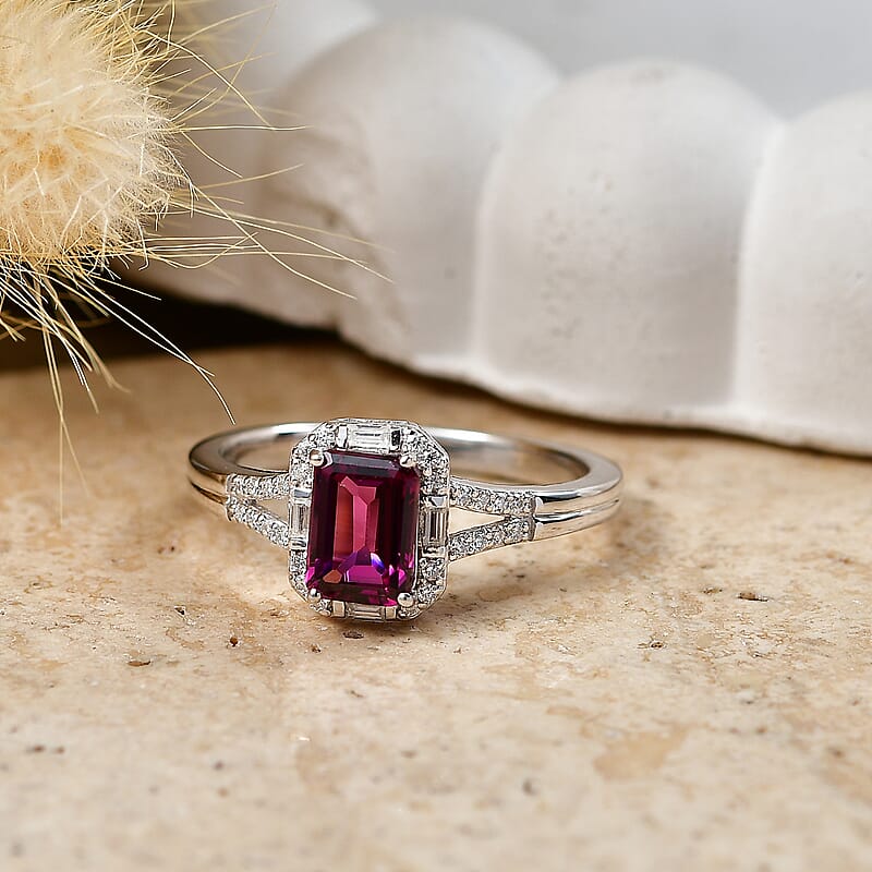 D'Joy Radiant Ember Garnet ,  Moissanite  Main Stone With Side Stone Ring in Rhodium OverSterling Silver 1.22 ctw (Size 6.0) 1.37 ctw