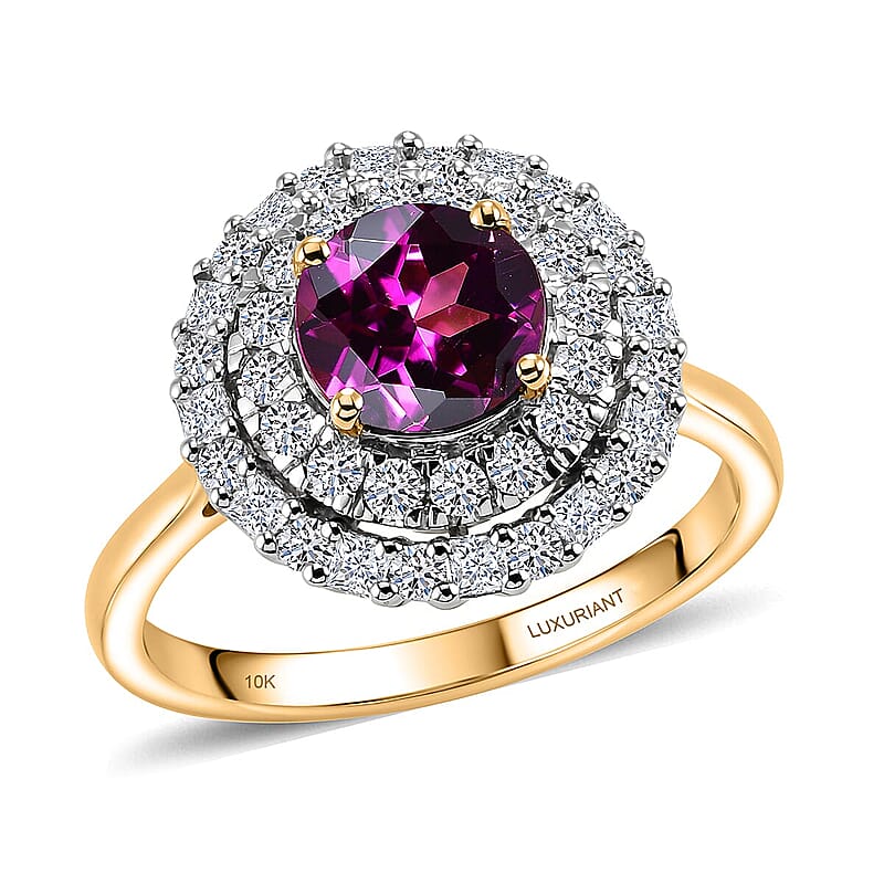 AAA Radiant Ember Garnet and Luxuriant Lab Grown Diamond G-H SI 2.15 ctw Ring in 10K Yellow Gold (Size 5.0)