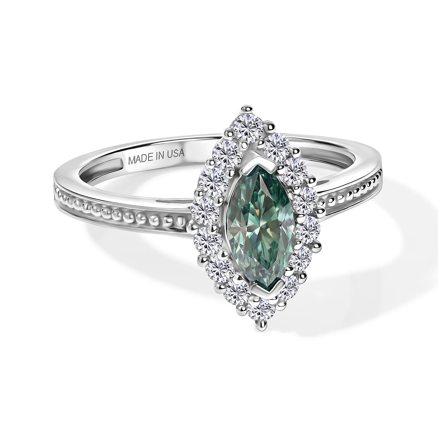 D'Joy Blue Moissanite ,  White Zircon  Main Stone With Side Stone Ring in Rhodium OverSterling Silver 0.95 ctw