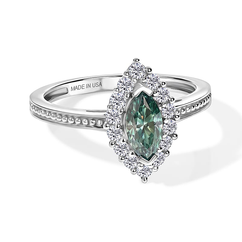 D'Joy Blue Moissanite ,  White Zircon  Main Stone With Side Stone Ring in Rhodium OverSterling Silver 0.95 ctw