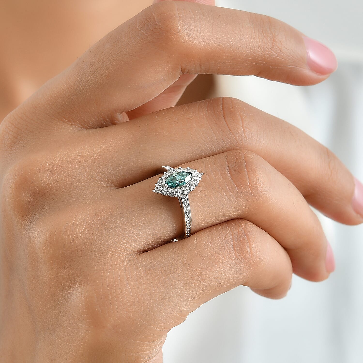 D'Joy Blue Moissanite ,  White Zircon  Main Stone With Side Stone Ring in Rhodium OverSterling Silver 0.95 ctw