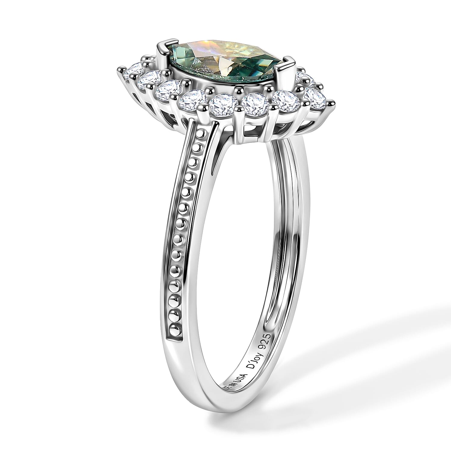 D'Joy Blue Moissanite ,  White Zircon  Main Stone With Side Stone Ring in Rhodium OverSterling Silver 0.95 ctw