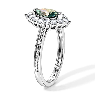 D'Joy Blue Moissanite ,  White Zircon  Main Stone With Side Stone Ring in Rhodium OverSterling Silver 0.95 ctw