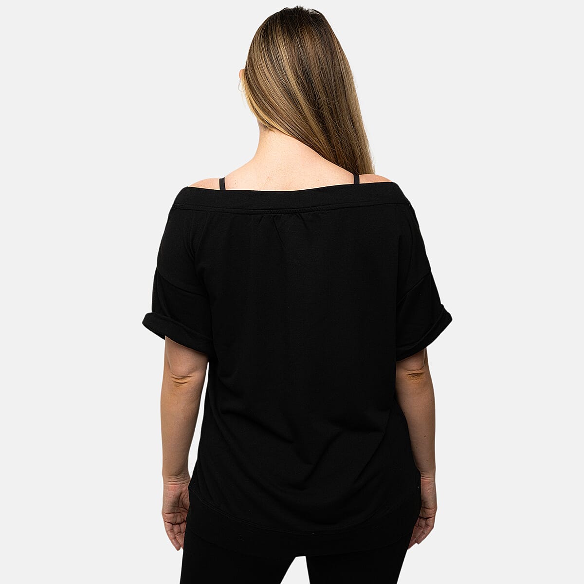 Closeout Nine West Black Off Shoulder Sweatshirt With Kangaroo Pocket - L image number 1
