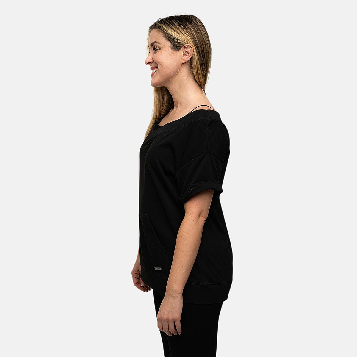 Closeout Nine West Black Off Shoulder Sweatshirt With Kangaroo Pocket - L image number 2
