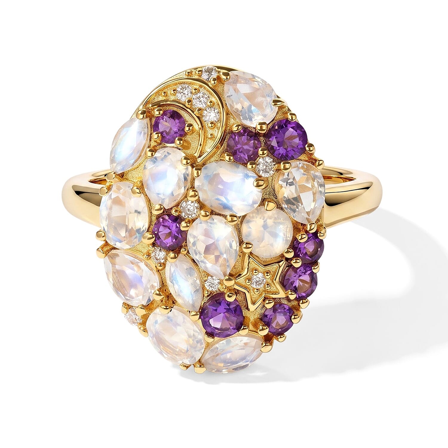EverTrue Premium Rainbow Moonstone and Multi Gemstone 2.20 ctw Ring in 18K YG Plated (Size 5.0)