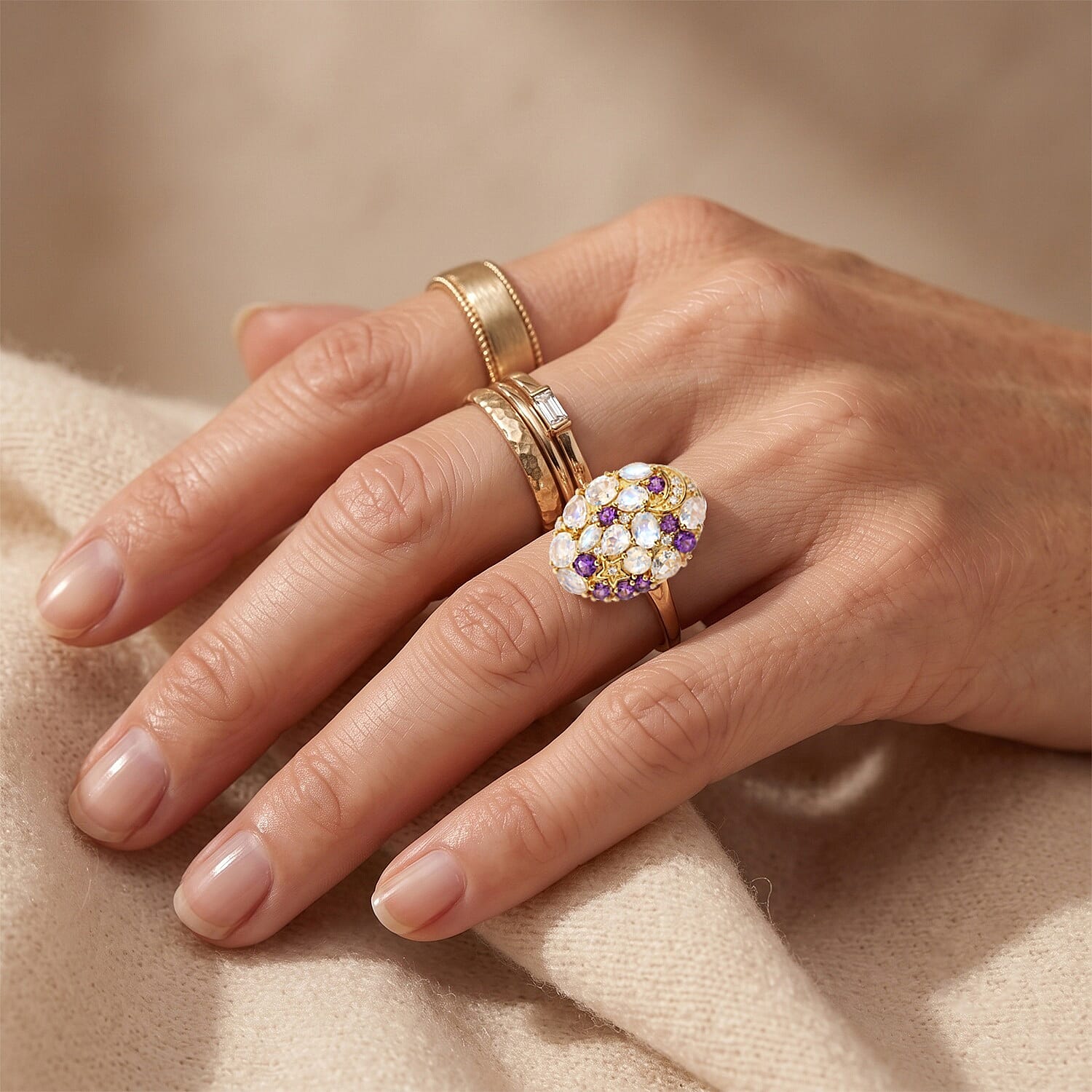 EverTrue Premium Rainbow Moonstone and Multi Gemstone 2.20 ctw Ring in 18K YG Plated (Size 5.0)