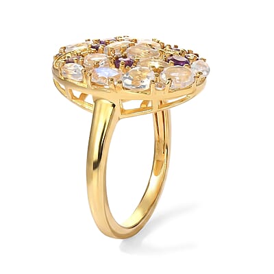 EverTrue Premium Rainbow Moonstone and Multi Gemstone 2.20 ctw Ring in 18K YG Plated (Size 5.0)