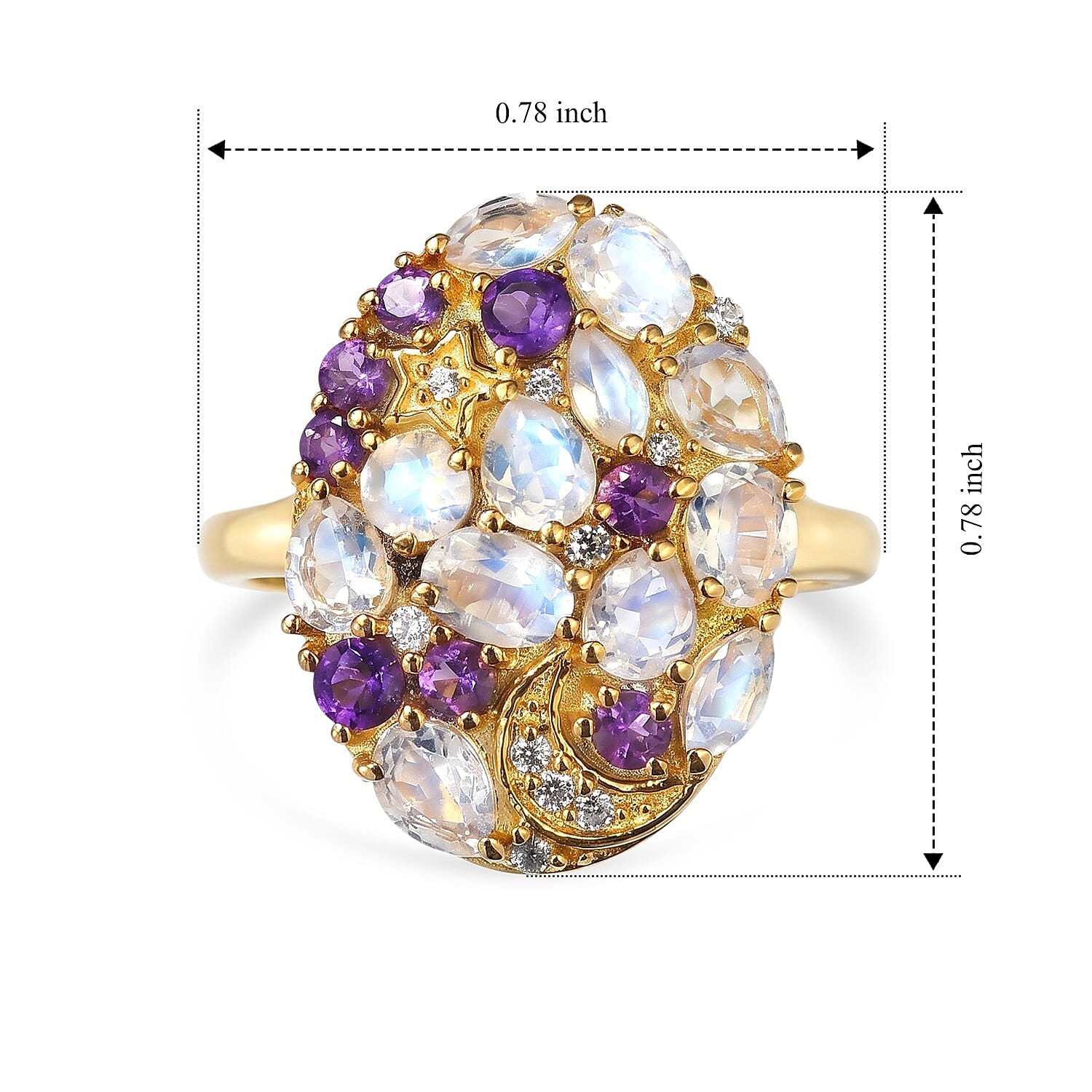 EverTrue Premium Rainbow Moonstone and Multi Gemstone 2.20 ctw Ring in 18K YG Plated (Size 5.0)