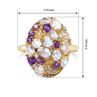EverTrue Premium Rainbow Moonstone and Multi Gemstone 2.20 ctw Ring in 18K YG Plated (Size 5.0)