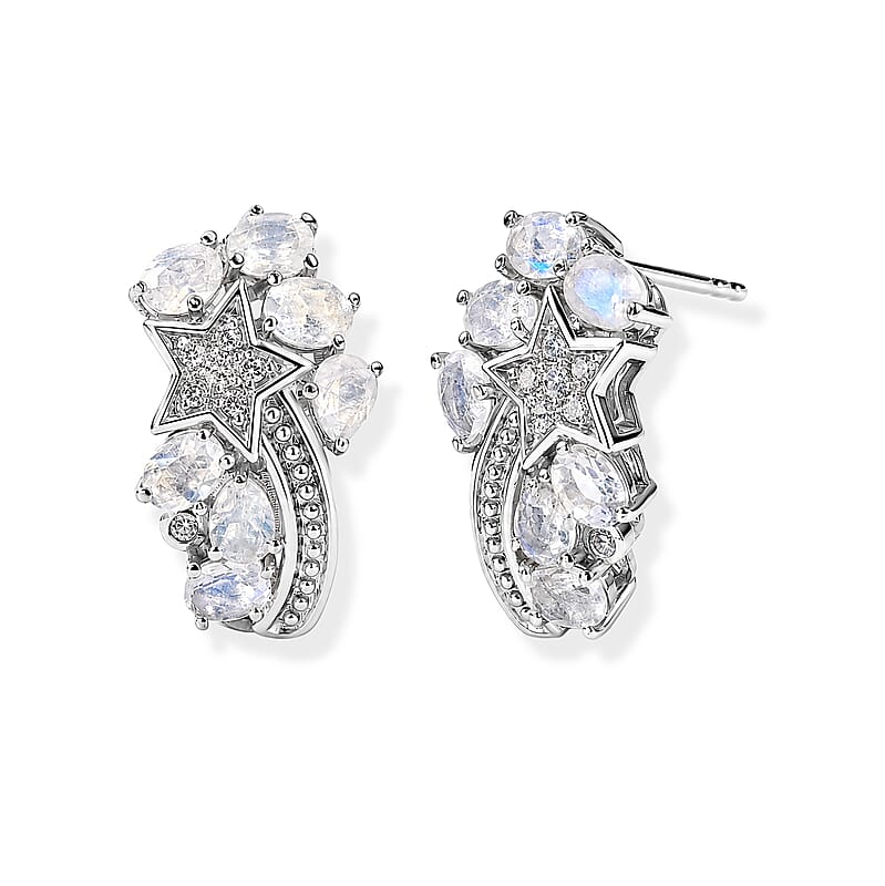 EverTrue Rainbow Moonstone and White Zircon 2.35 ctw Earrings in Platinum Bond