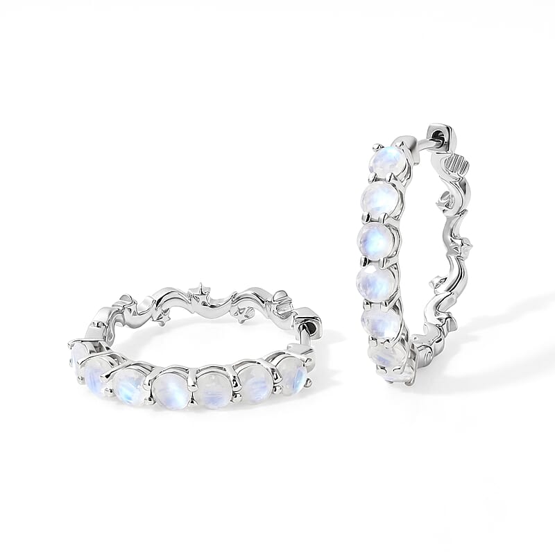 EverTrue Rainbow Moonstone 3.70 ctw Hoop Earrings in Platinum Bond
