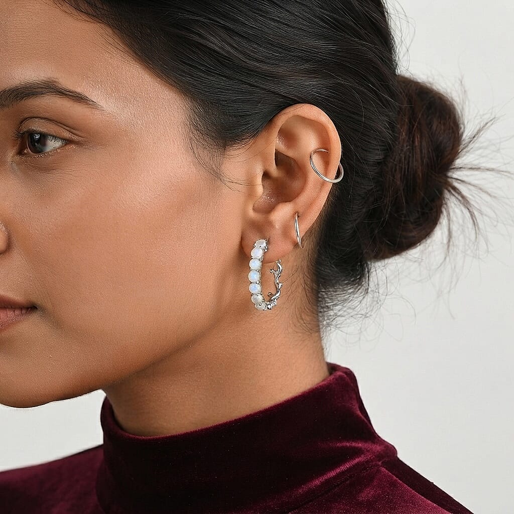 EverTrue Rainbow Moonstone 3.70 ctw Hoop Earrings in Platinum Bond