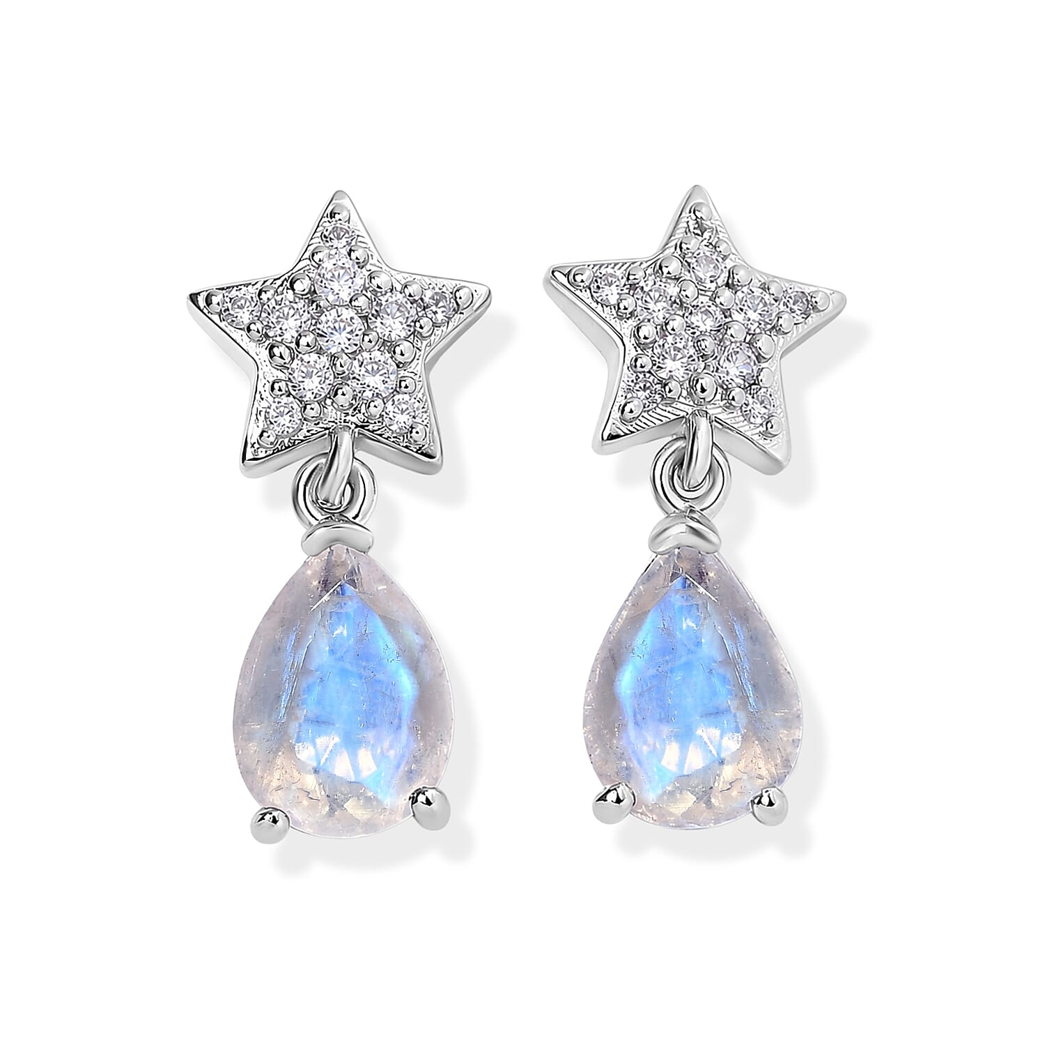 EverTrue Rainbow Moonstone and White Zircon 2.40 ctw Dangling Earrings in Platinum Bond