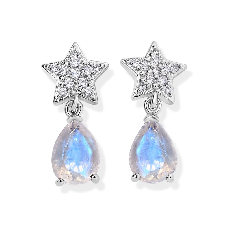 EverTrue Rainbow Moonstone and White Zircon 2.40 ctw Twilight Stars Dangling Earrings in Platinum Bond
