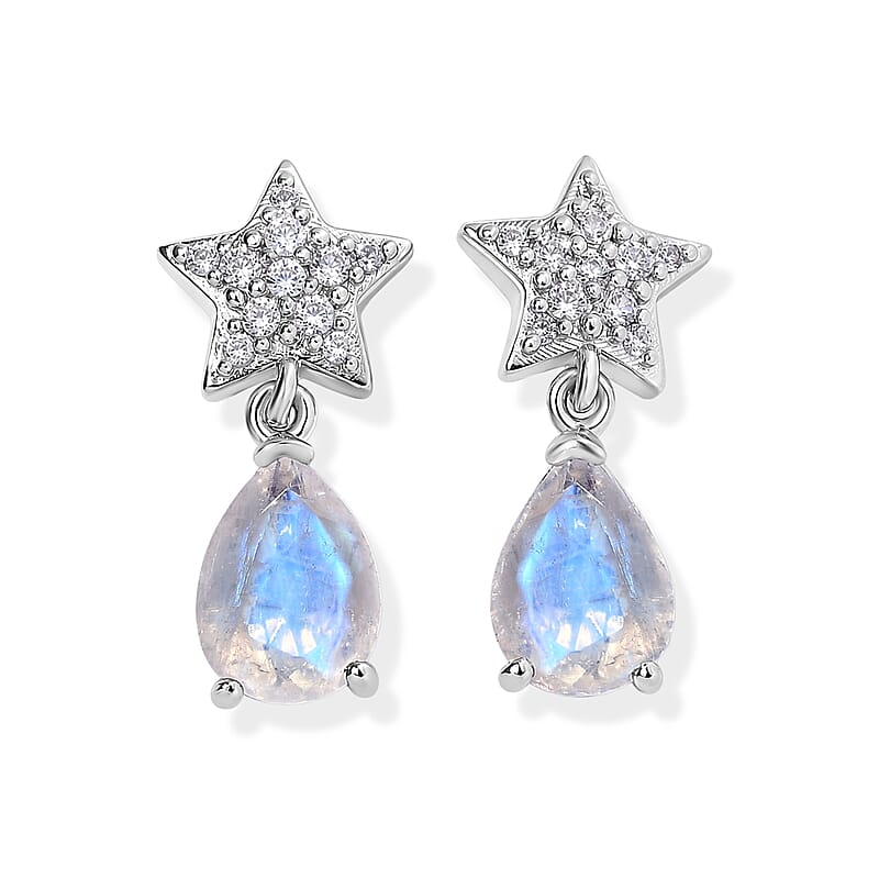 EverTrue Rainbow Moonstone and White Zircon 2.40 ctw Dangling Earrings in Platinum Bond