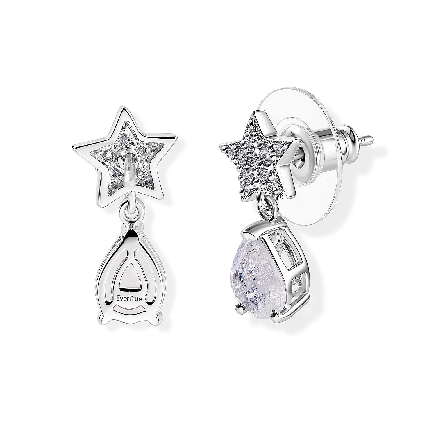 EverTrue Rainbow Moonstone and White Zircon 2.40 ctw Dangling Earrings in Platinum Bond