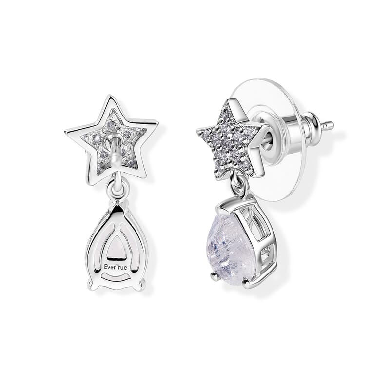 EverTrue Rainbow Moonstone and White Zircon 2.40 ctw Twilight Stars Dangling Earrings in Platinum Bond