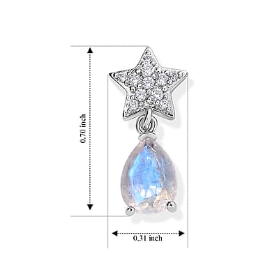 EverTrue Rainbow Moonstone and White Zircon 2.40 ctw Dangling Earrings in Platinum Bond