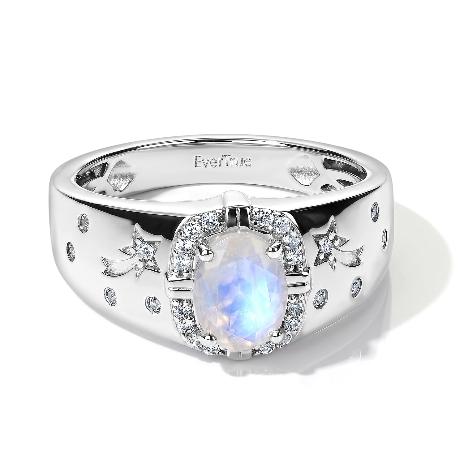 EverTrue Rainbow Moonstone and White Zircon 1.50 ctw Eclipse Men's Ring in Platinum Bond (Size 10.0)