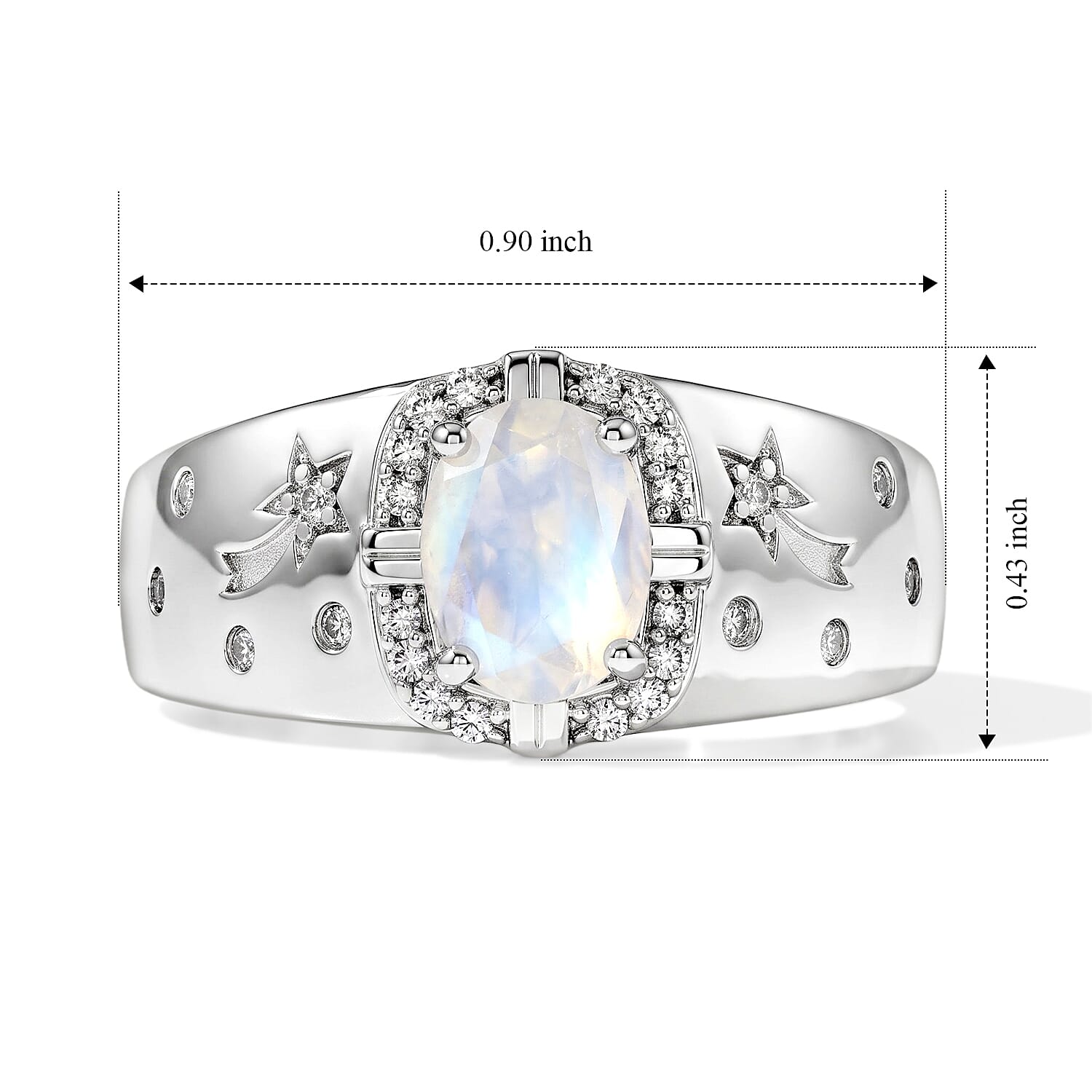 EverTrue Rainbow Moonstone and White Zircon 1.50 ctw Eclipse Men's Ring in Platinum Bond (Size 10.0)