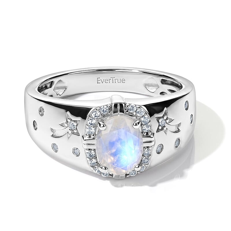 EverTrue Rainbow Moonstone and White Zircon 1.50 ctw Eclipse Men's Ring in Platinum Bond (Size 9.0)