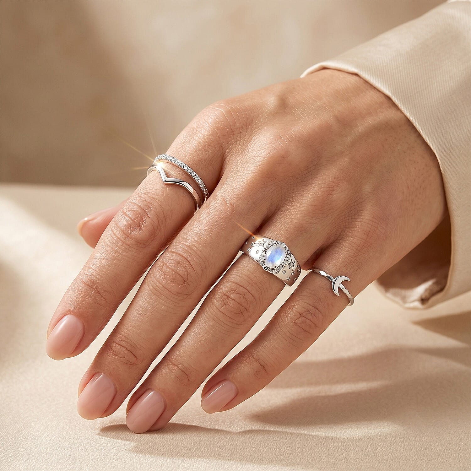 EverTrue Rainbow Moonstone and White Zircon 1.50 ctw Eclipse Men's Ring in Platinum Bond (Size 9.0)