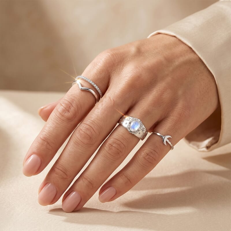 EverTrue Rainbow Moonstone and White Zircon 1.50 ctw Eclipse Men's Ring in Platinum Bond (Size 9.0)