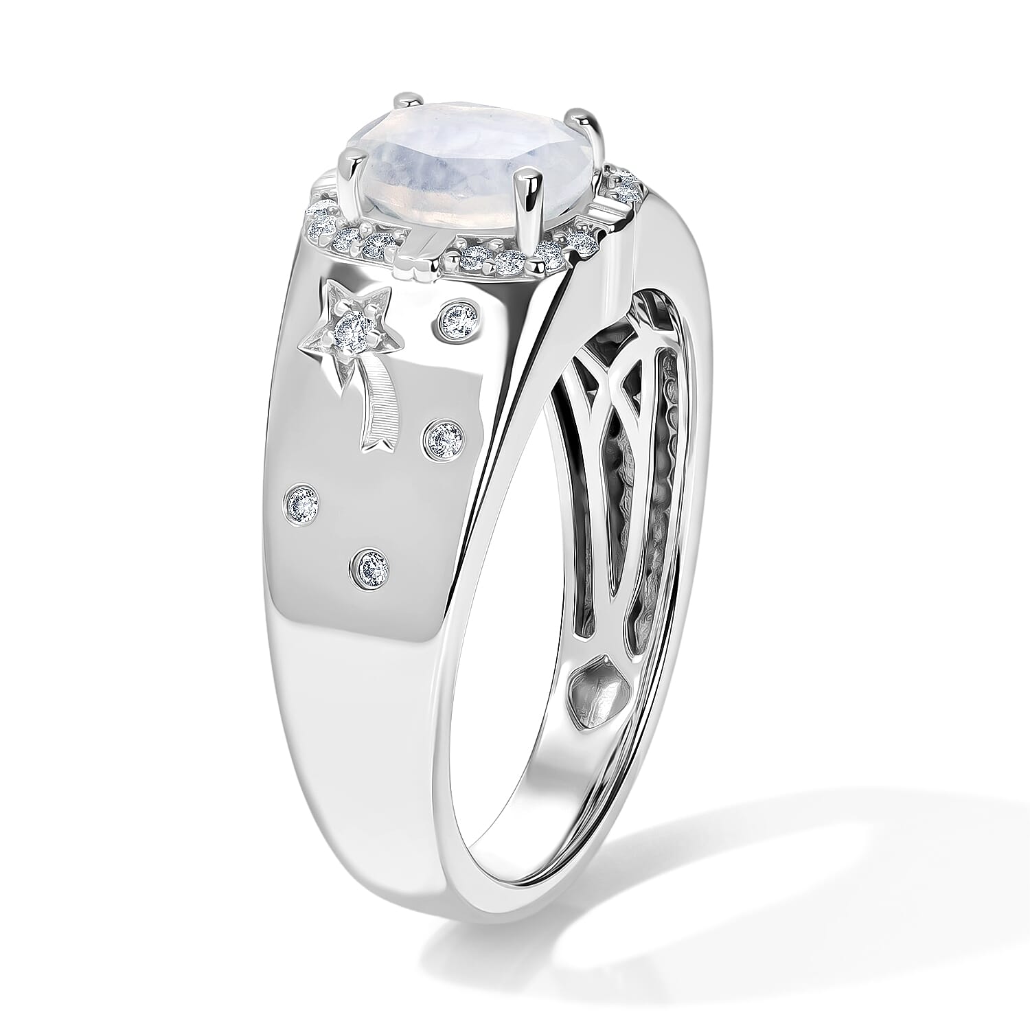 EverTrue Rainbow Moonstone and White Zircon 1.50 ctw Eclipse Men's Ring in Platinum Bond (Size 9.0)