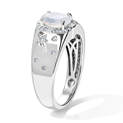 EverTrue Rainbow Moonstone and White Zircon 1.50 ctw Eclipse Men's Ring in Platinum Bond (Size 9.0)