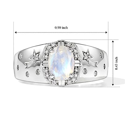 EverTrue Rainbow Moonstone and White Zircon 1.50 ctw Eclipse Men's Ring in Platinum Bond (Size 9.0)