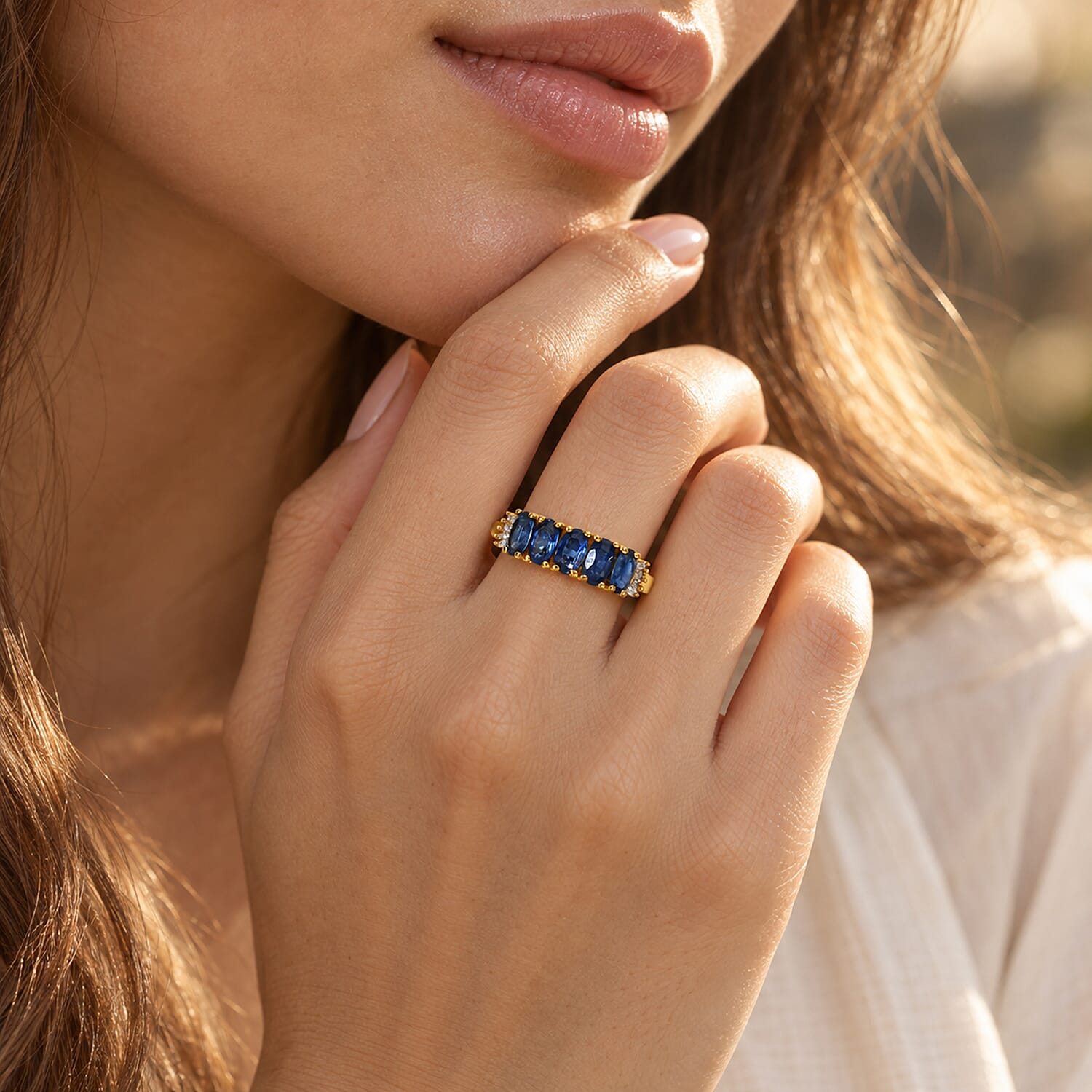 EverTrue Kashmir Kyanite and Diamond 1.70 ctw Harmony of Five Ring in 18K YG Plated (Size 5.0)