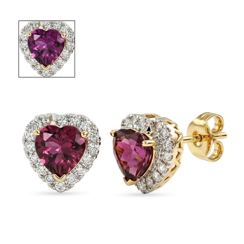 Certified and Appraised AAA Usambara Color Change Garnet and Luxuriant Lab Grown Diamond G-H SI 3.81 ctw Heart Earrings in 10K Yellow Gold