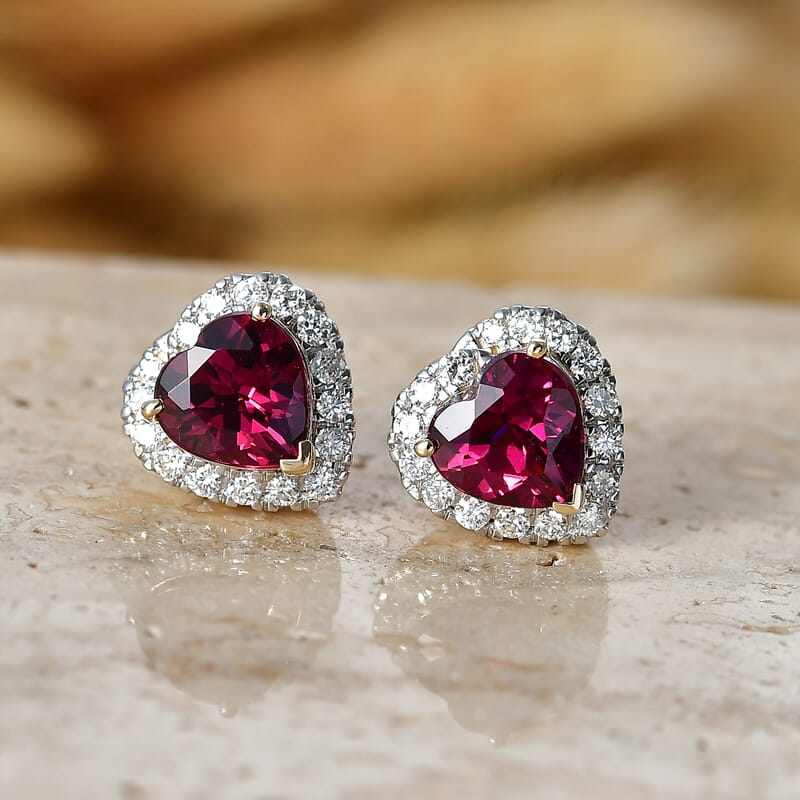 Certified and Appraised AAA Usambara Color Change Garnet and Luxuriant Lab Grown Diamond G-H SI 3.81 ctw Heart Earrings in 10K Yellow Gold