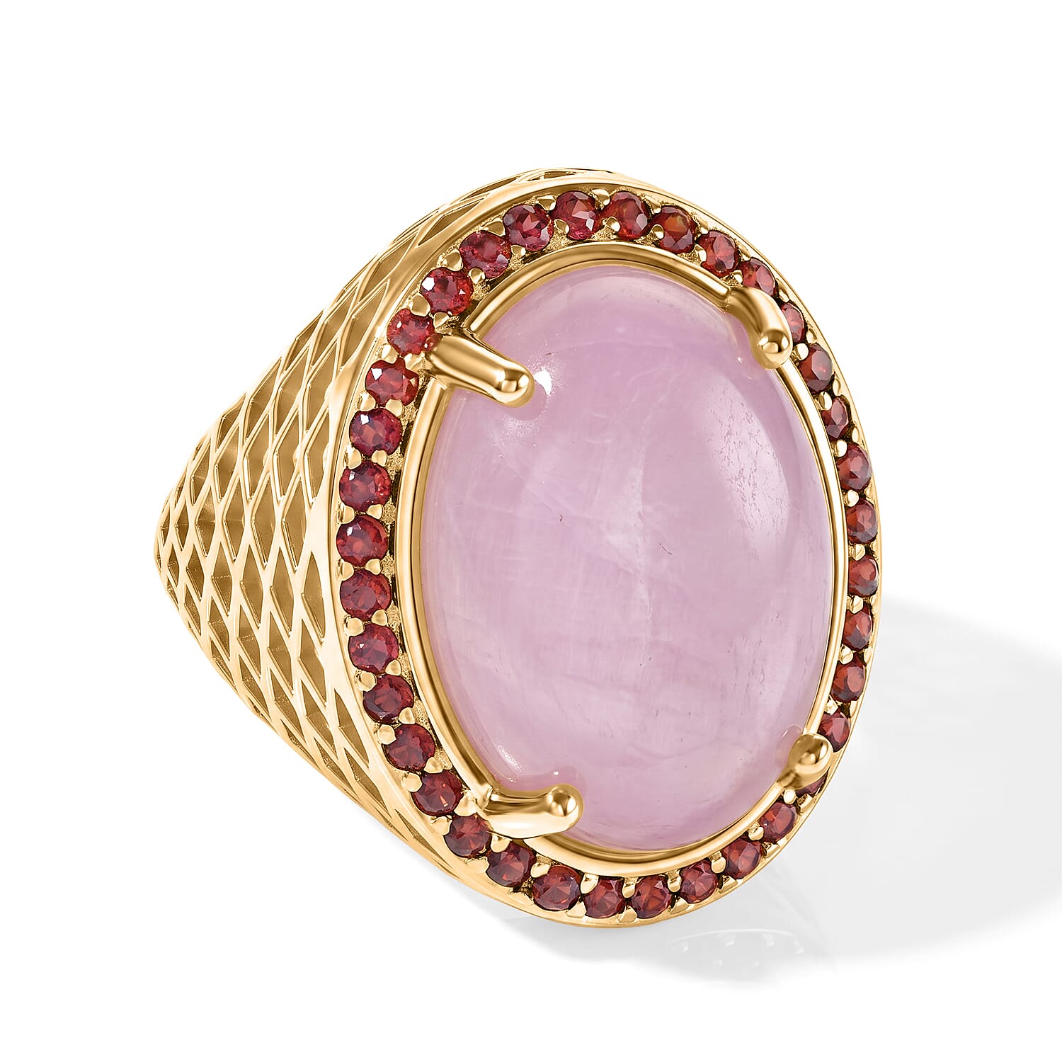 EverTrue Kunzite and Orissa Rose Garnet 15.75 ctw Royal Halo Ring in 18K YG Plated (Size 6.0)
