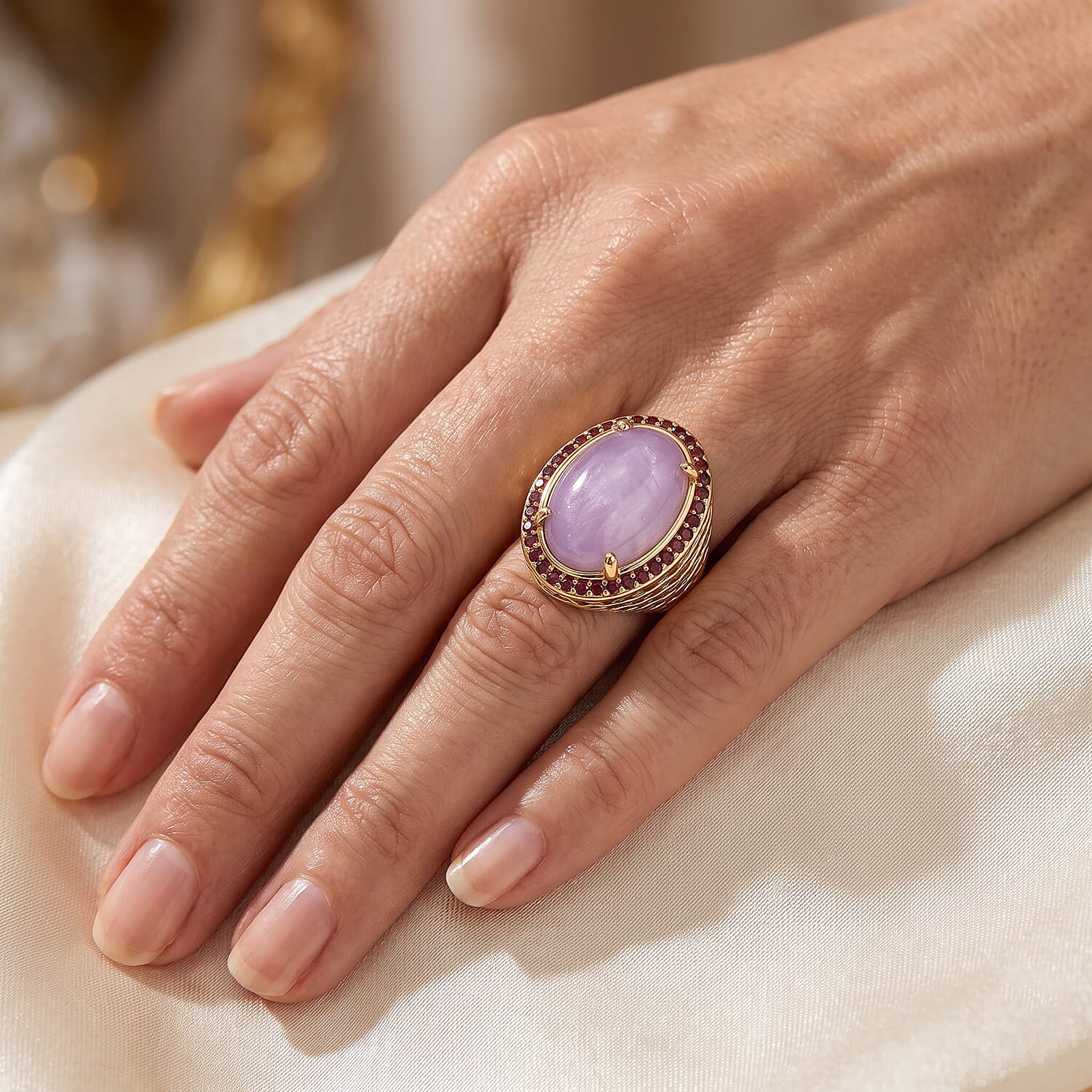 EverTrue Kunzite and Orissa Rose Garnet 15.75 ctw Royal Halo Ring in 18K YG Plated (Size 6.0)